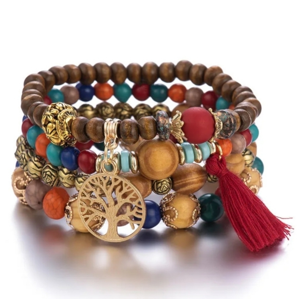 Tree Of Life Red Beaded Layered Bracelet Set Tassel Multicolor - Picture 5 of 11
